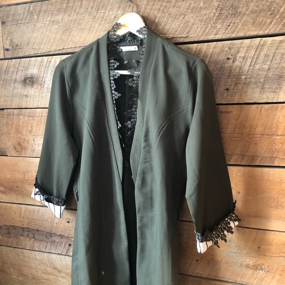 Open Front Blazer w Crochet Lace Trim in Olive - Picture 3 of 11